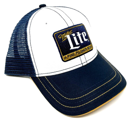 Miller Lite Beer Patch Logo White & Blue Mesh Trucker Curved Bill Adjustable Snapback Hat