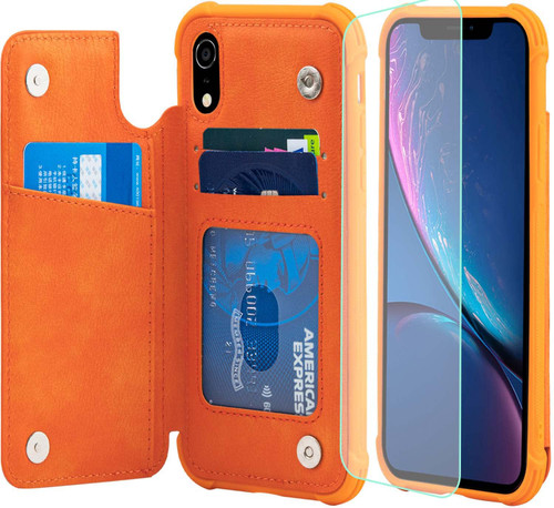 VANAVAGY iPhone XR Wallet Case for Women and Men,Leather Flip Folio Phone Cover Fits Magnetic Car Mount with Credit Card Holder,Orange