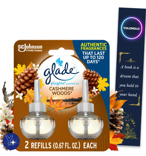 YOLOMOLO Glade PlugIns Refill 2 ct, Cashmere Woods, 1.34 FL. oz. Total, Scented Oil Air Freshener Infused with Essential Oils and Bookmark Gift