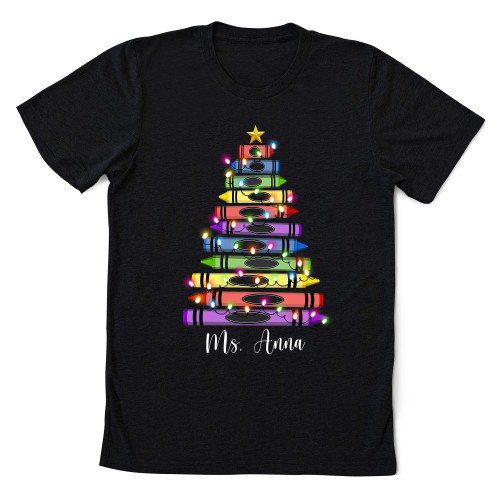 Personalized Teacher Crayon Christmas Tree Lights Shirt, Christmas Custom Name Teacher Student Shirt, Teaching Personalized Teacher Crayon Christmas Tree Lights Shirt, Christmas Custom Name Teacher Student Shirt, Teaching