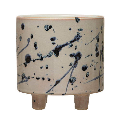 Creative Co-Op Stoneware Footed Planter with Splatter Design, White & Blue (Holds 5" Flower Pot