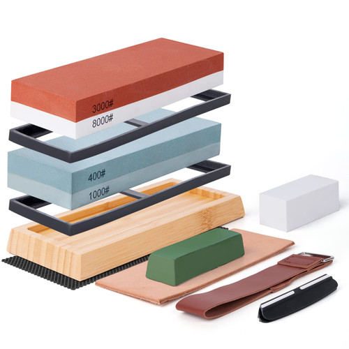 SD.TIANPENG Whetstone Knife Sharpening Stone Kit 400/1000?3000/8000 Grit 2 Side Professional Knife Sharpener Waterstone Set with Leather Strop, Polishing Compound, NonSlip Bamboo Base, Angle Guide
