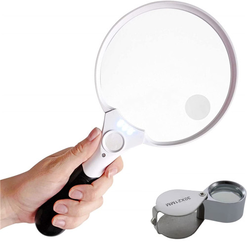 VOCA Magnifying Glass with 3 LED Lights, Handheld Illuminated Magnifier, 2x/4x/10x Magnification, with a 30x Magnification Mini Magnifier