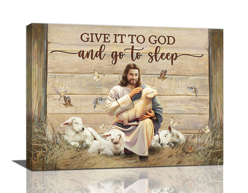 Bedroom Jesus Lamb Wall Art Give It to God Christian Wall Decor Religious God Quotes Image Picture Canvas Prints Framed Modern Christ Poster Artwork for Home Living Room Bathroom 16"x12"