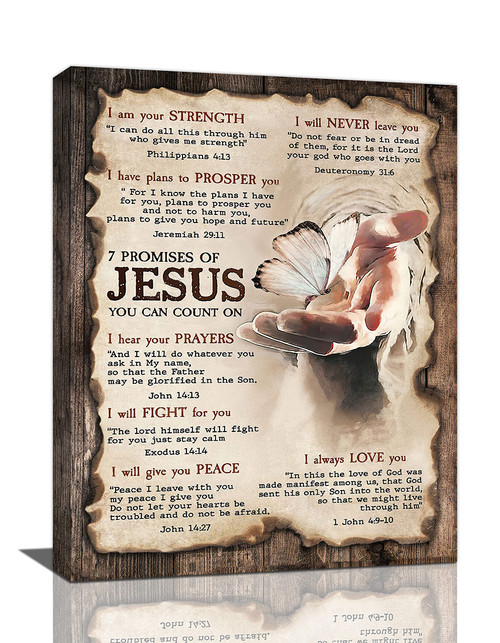 Christian Hand of Jesus Canvas Wall Art 7 Promises of Jesus Wall Decor Religious God Quotes Christ Lord Painting Pictures Canvas Prints Motivational Framed Artwork for Living Room Bedroom 12"x16"