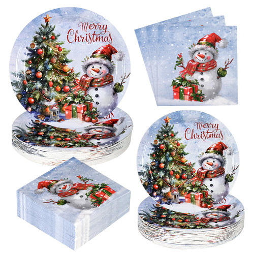 Homlouue Christmas Paper Plates and Napkins, Christmas Tree & Snowman Party Supplies for Christmas Xmas Party Decor, Holiday Paper Plates Serves 50 Guests, Watercolor Design