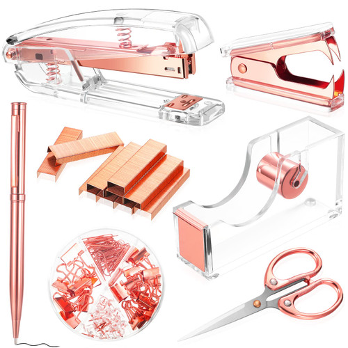 Office Supplies Set Desk Accessory Kit, Acrylic Stapler Set Staple Remover, Tape Dispenser, Binder Clips, Paper Clips, Ballpoint Pen and Scissor with 1000 Pieces 26/6 Staples (Rose Gold)