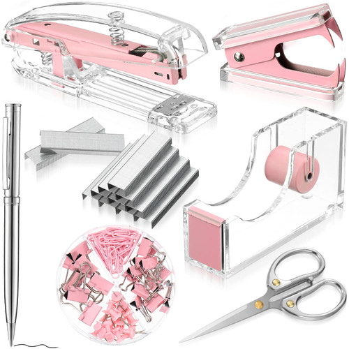 Office Supplies Set Desk Accessory Kit, Acrylic Stapler Set Staple Remover, Tape Dispenser, Binder Clips, Paper Clips, Ballpoint Pen and Scissor with 1000 Pieces 26/6 Staples (Pink)