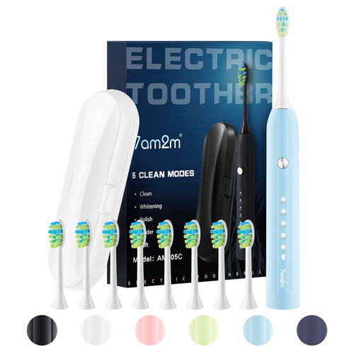 7AM2M Electric Toothbrush for Adults, Sonic Toothbrush with 8 Brush Heads, Travel Case, Rechargeable Electric Power Toothbrush with 2 Minutes Build in Smart Timer (Light Blue) 7AM2M Electric Toothbrush for Adults, Sonic Toothbrush with 8 Brush Heads, Travel Case, Rechargeable Electric Power Toothbrush with 2 Minutes Build in Smart Timer (Light Blue)