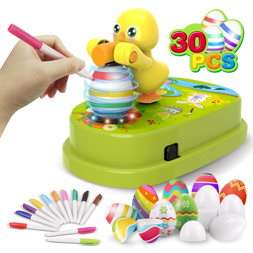 Engfa 30 Pcs Plastic Eggs and Slings Easter Chicks Easter Egg Decorating Kit with 12 Dying Markers, Easter Egg Decorating Kit Spinner, Easter Basket Stuffers Easter Toy Easter Gifts for Boys Girls