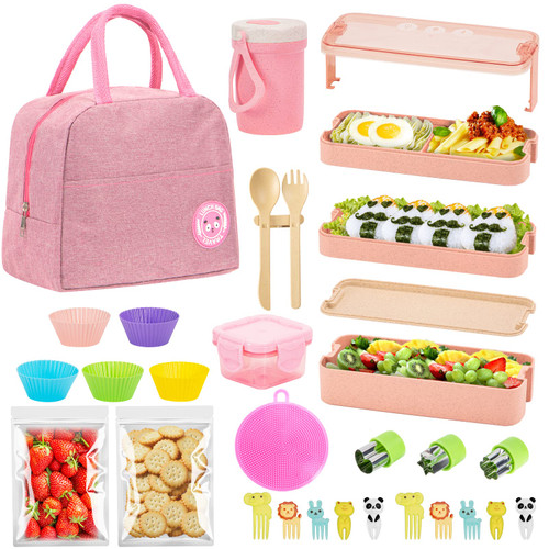 JSVSLTD 28pcs Bento Box Adult Lunch Box, Lunch Box Kit Leakproof Lunch Divider Containers (Pink)