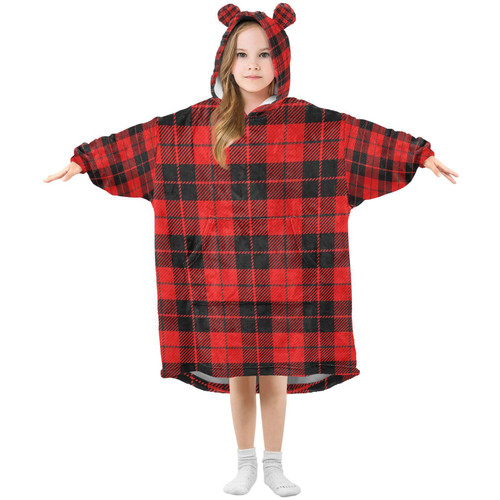 Buffalo Plaid Wearable Blankets for Kids Sherpa Hoodie Blanket for Boys Girls Oversized Hooded Sweatshirt