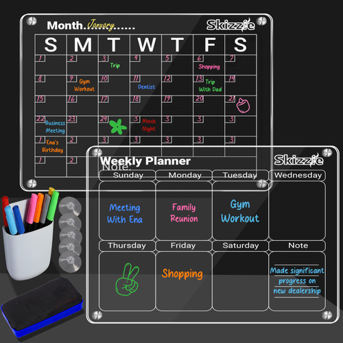 SKIZZIE Magnetic Calendar for Refrigerator-17"x12" Clear Acrylic Calendar for Fridge 2-??-? with Magnetic Eraser, Magnetic Holder and 8 Colours Markers Dry Erase Board for Monthly/Weekly Planning
