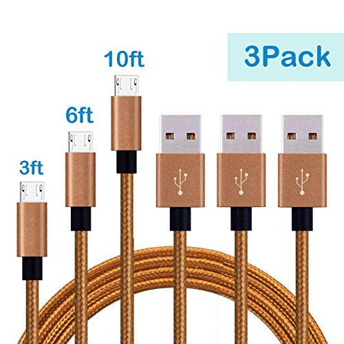 Micro USB Cable 3Pack 3FT 6FT 10FT Rongqx Nylon Braided Android Charging Line Micro USB Cable for Android/Motorola/Samsung/LG/Nokia/Sony and More (Brown)