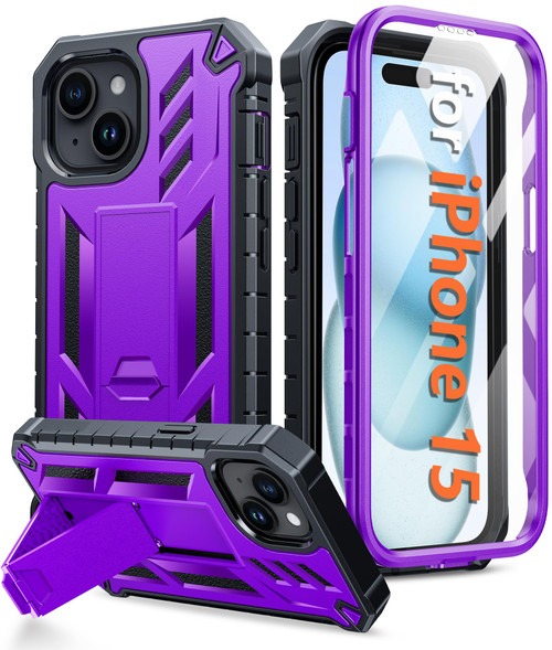 FNTCASE for iPhone 15 Phone Case: Military Grade Shockproof Full Protection Hard Phonecase with Kickstand - Dual Layer Matte Textured Drop Proof Rugged Protective Cover - 6.1 Inch Purple