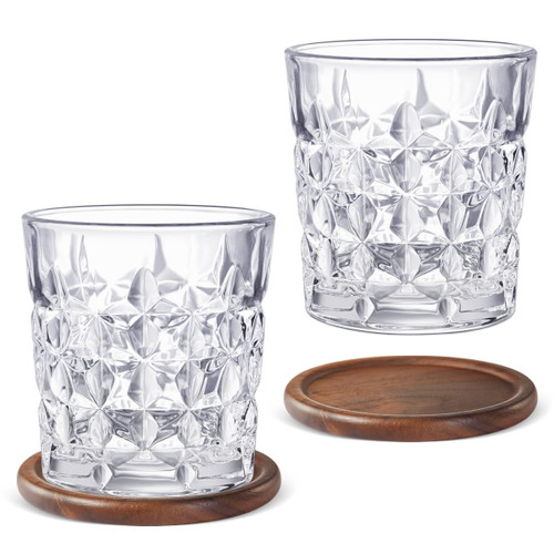 ANBFF Whiskey Glasses Set of 2, 11 Oz Old Fashioned Cocktail Glass, Heavy Rocks Glass, Crystal Drinking Glasses with 2Pcs Walnut Coasters and Gift Box - for Bourbon, Scotch, Tequila, Rum