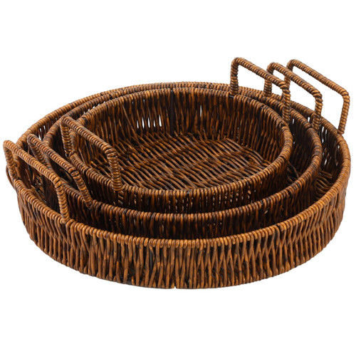 3 Pcs Rattan Serving Tray with Handles, Woven Wicker Tray Round Shallow Rattan Basket, Poly Wicker Basket Tray, Rattan Fruit Tray Cracker Boho Tray Decor for Serving Bread Vegetable Snack (Dark Brown) 3 Pcs Rattan Serving Tray with Handles, Woven Wicker Tray Round Shallow Rattan Basket, Poly Wicker Basket Tray, Rattan Fruit Tray Cracker Boho Tray Decor for Serving Bread Vegetable Snack (Dark Brown)