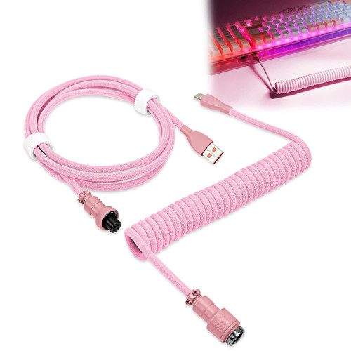 UCINNOVATE Coiled Keyboard Cable, Pro Custom Coiled USB C Cable for Gaming Keyboard, Double-Sleeved Mechanical Keyboard Cable with Detachable Metal Aviator, 1.8M USB-C to USB-A (Pink)