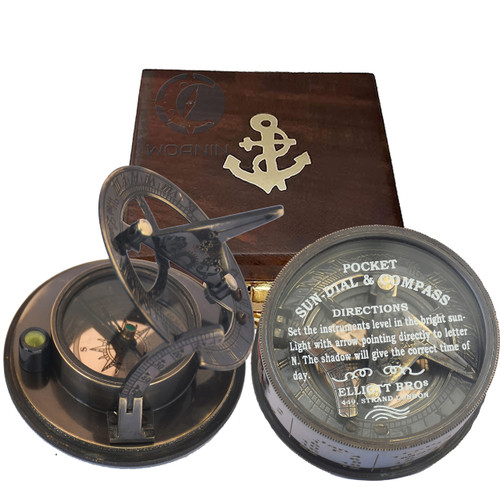 WOANIN Vintage Brass Sundial Compass/Directional Magnetic Compass for Navigation/Sundial Pocket Compass for Camping, Hiking, Touring. (Sundial with Wooden Box) WOANIN Vintage Brass Sundial Compass/Directional Magnetic Compass for Navigation/Sundial Pocket Compass for Camping, Hiking, Touring. (Sundial with Wooden Box)