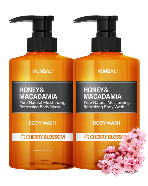 Kundal Natural Body Wash Gel Set [Cherry Blossom Scent] Honey & Macadamia oil for Relaxing Shower, Natural Moisturizing 1,000ml(34Fl Oz)