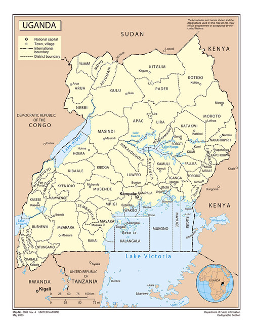 Palmetto Posters 24x31 Laminated Poster: Large detailed political and administrative map of uganda with major cities