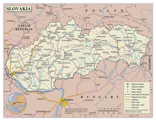 Palmetto Posters 24x31 Laminated Poster: Large detailed political and administrative map of slovakia with roads railroads major cities and airports