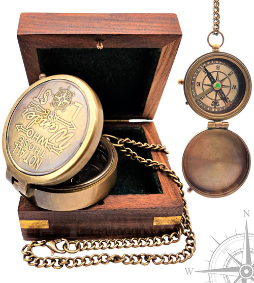 Carfar Nautical Compass Not All Those Who Wander are Lost Poem Engraved Solid Brass Navigational Vintage Marine Compass with Wooden Box Carfar Nautical Compass Not All Those Who Wander are Lost Poem Engraved Solid Brass Navigational Vintage Marine Compass with Wooden Box