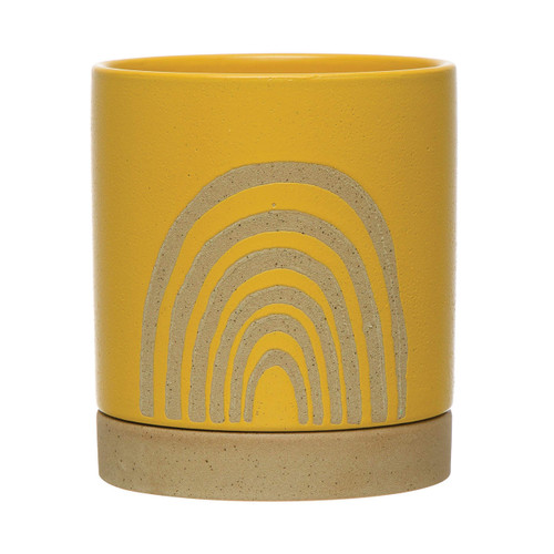 Creative Co-Op Stoneware Planter with Saucer & Rainbow, Yellow (Holds 5" Pot)