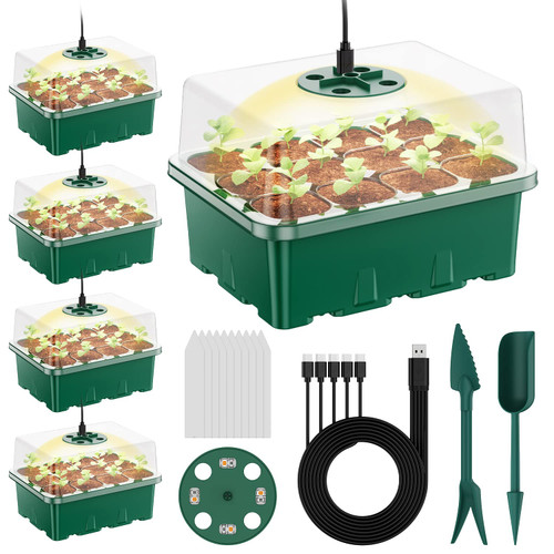 NBPLUS Seed Starter Tray with Grow Light, 5 Pack 60 Cells Seed Starter kit with Humidity Dome and Base, Plant Seedling Trays Indoor Greenhouse Gardening Germination kit