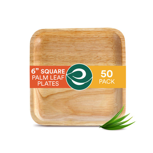 ECO SOUL 100% Compostable, Biodegradable, Disposable Palm Leaf Plates | Like Bamboo Plates, Eco-friendly 6' | Sturdy, Microwave & Oven Safe | Party, Wedding, Event Plates (50 Count 6", Square)