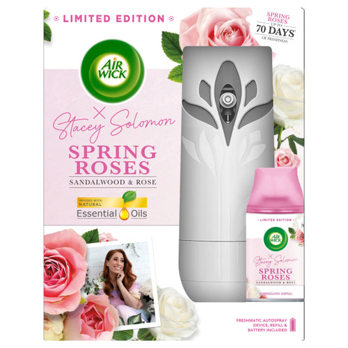 Air Wick Freshmatic Air Freshener Spray Starter Kit (1 Gadget + 1 Refill) Automatic Sprayer, Spring Roses Scent, Stacey Solomon Collection for Home and Office Fragrance
