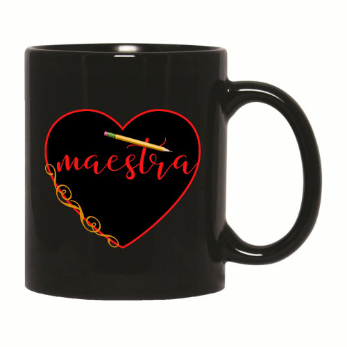 Teacher Spanish with heart and crayon graphic 11oz 15oz Black Coffee Mug