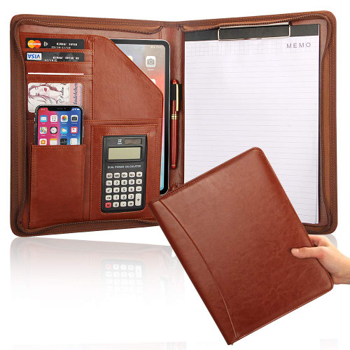 Women's Business Portfolio Organizer with Calculator& Clipboard, Brown Zippered Padfolio Cover Document Folder Leather Pad Portfolio Case