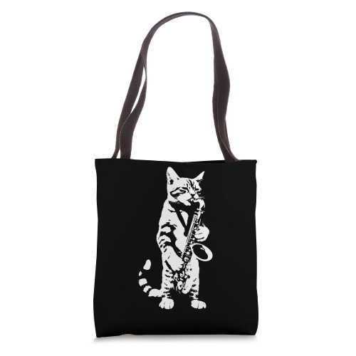 Funny Cat Playing Sax Saxophone Jazz Music Lover Vintage Tote Bag