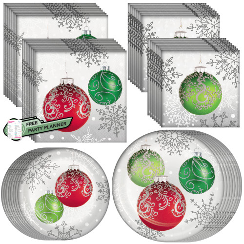 Creative Converting Elegant Ornaments Dinnerware Party Bundle - 8 Paper Dinner & Dessert Plates, 16 Luncheon & Beverage Napkins - Silver Snowflake Red Green Balls Christmas Disposable Dinner Set Decor