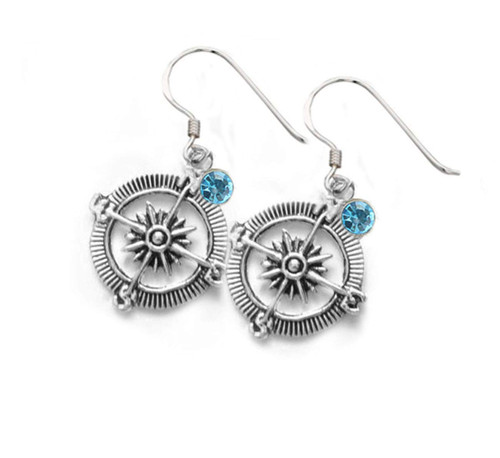 Compass Earrings, Nautical Jewelry, Birthstone Crystal