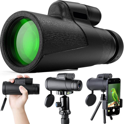 Qisebin Monocular Telescope, 12x50 High Power Monocular for Bird Watching Adults with Smartphone Holder & Tripod BAK4 Prism for Wildlife Hunting Camping Travelling - Black