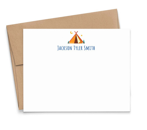 Boys Camp Personalized Stationery for Kids FLAT Note Cards with Tent Stationery for Boy Stationary with Envelopes Set, Personalized Note Cards for Kid, Your Choice of Colors and Quantity