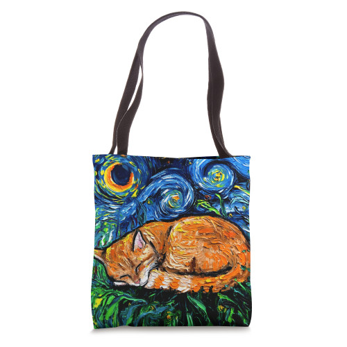 Orange Tabby Sleeping Cat Starry Night Colorful Art by Aja Tote Bag