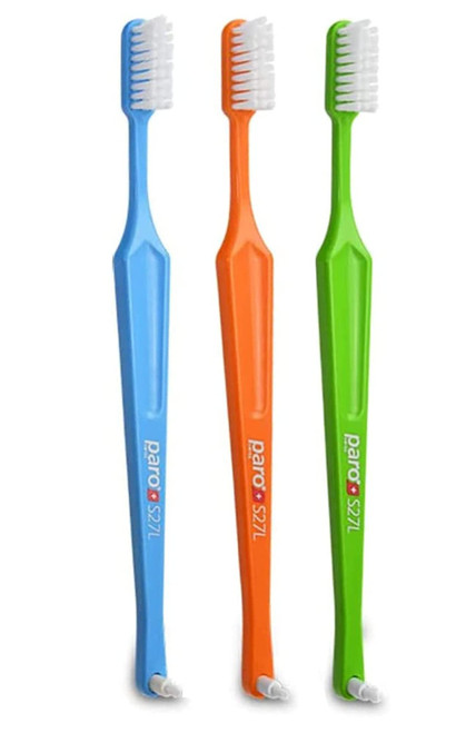 Paro S27L Toothbrush | Small Brush Head Toothbrush with Soft Bristles and Exchangeable Interdental Space F | 3 Rows 27 Tufts for Thorough Cleaning and Gum Care | 3 Pack