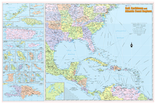 Gulf, Caribbean & Atlantic Coast Regions Wall Map Poster 36x24 Rolled Laminated