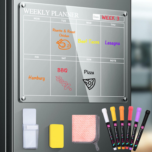 Magnetic Acrylic Calendar for Fridge, Clear Magnetic Dry Erase Board for Refrigerator, Weekly Planner 16"x12" Dry Erase Board with 6 Color Markers and Eraser, Fridge Calendar for Home