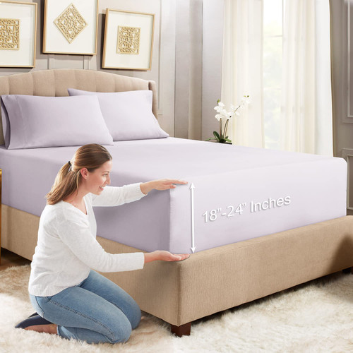 Empyrean Extra Deep Fitted Sheets Full Size - 24" Extra Deep Fitted Sheets with Bonus 2 Pillowcases - 3 Piece Extra Deep Fitted Bed Sheet - Extra Deep Full Size Fitted Bed Sheets - Gray Lavender