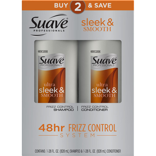 Suave Professionals Shampoo and Conditioner for Frizz Control Ultra Sleek and Smooth with Silk Protein and Vitamin E for Hair 28 Fl Oz (Pack of 2)