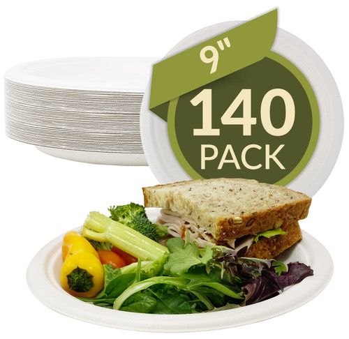 Reli. Compostable Paper Plates, 9 Inch (140 Pack Bulk) | White Disposable Plates 9" | Heavy Duty Paper Plates, Eco-Friendly | Made of Sugarcane Fibers/Bagasse - Biodegradable/Compostable| Microwavable