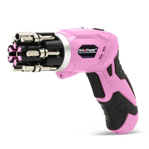 Pink Power 3.6 Volt Rechargeable Cordless Electric Screwdriver Kit with Built-in Bit Set & Bubble Level (Renewed)