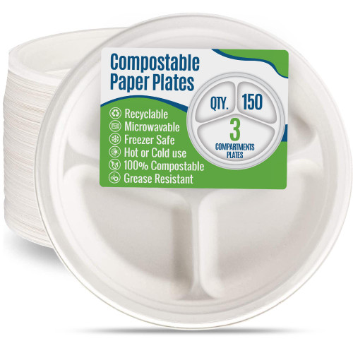 Paper Plates 9 inch 3 Compartment [150 Count] White Heavy-Duty - Microwavable, Hot & Cold, Sturdy Grease Resistant, Eco-Friendly, Food Grade Sugar Cane Fiber