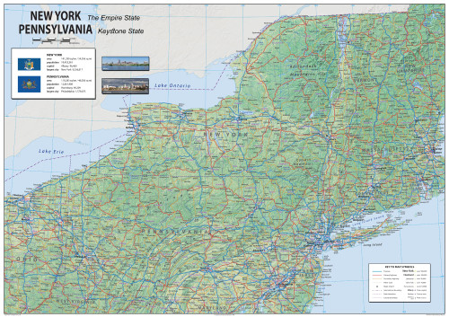 New York and Pennsylvania Physical Poster Map - 23.3 x 16.5 Inches - Paper Laminated