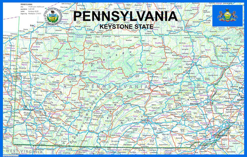 Pennsylvania State Poster Map - 22.5 x 14.4 Inches - Paper Laminated