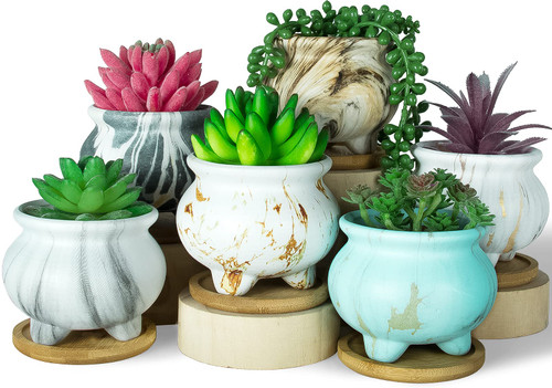 ARTKETTY Succulent Pots, 3.8 Inch Marble Succulent Planter Pots with Drainage Set of 6, Small Bonsai Pots with Tray Ceramic Pots for Indoor Cactus Flower Plants